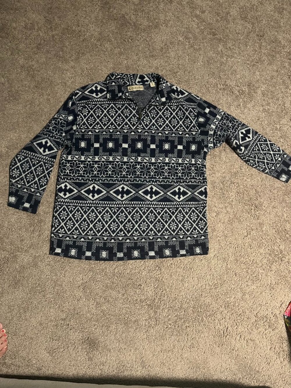 Vintage Marsh Landing Fair Isle Quarter-Zip Sweater - Navy & Cream - Size M